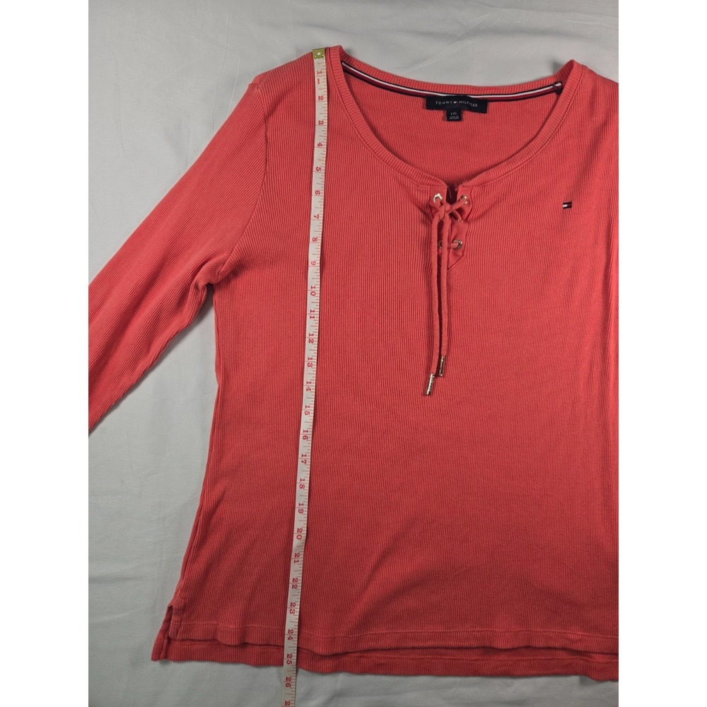 Tommy Hilfiger Global Lace Up Ribbed Henley Top Sz L Coral 3/4 Sleeve - Picture 7 of 14